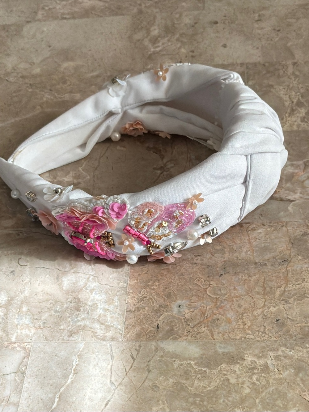 White Embellished Satin Headband with Pink Floral Accents